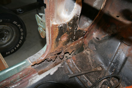 Thick 14 gauge pillar plate removed on 67 Pontiac GTO