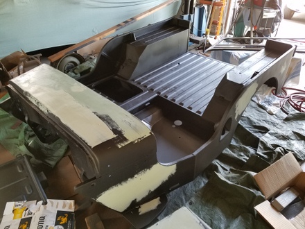 First applications of body filler on CJ3a Jeep