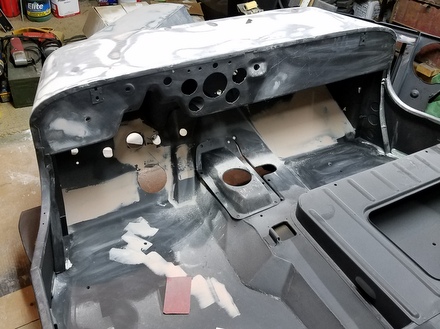 Initial smoothing of body filler on Willys CJ3A