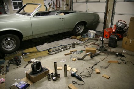 67 GTO up on blocks to perform Pypes exhaust intallation